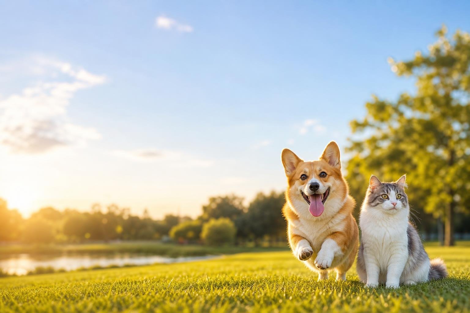 陽光公園草地上開心奔跑的哥基犬同白灰長毛貓